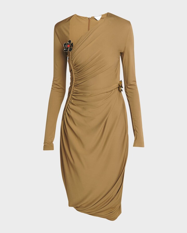 Bottega Veneta Flower-Applique Long-Sleeve Ruched Matte Crepe Viscose Jersey Dress