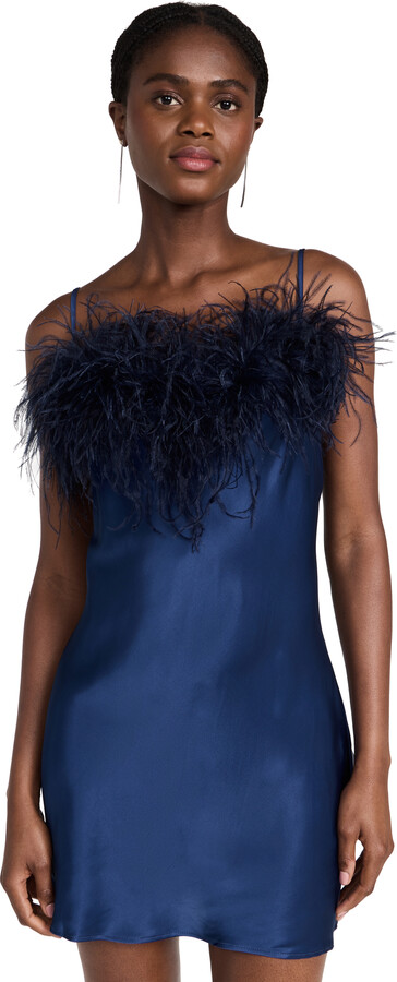 Sleeper Boheme Mini Slip Dress with Feathers in Navy