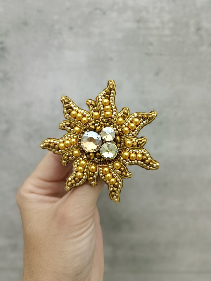 Etsy Beaded Sun Brooch Cosmos Jewelry Cosmic Planet Pin Handmade Gift For Her Golden