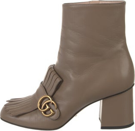 Gucci Leather Ankle Boots Neutrals Double G Logo Square-Toes with Fringe Trim Accent Concealed Zip Closure at Sides