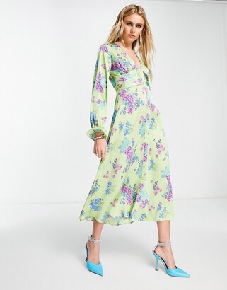 ASOS DESIGN satin button through midi tea dress with fluted sleeves in green floral print