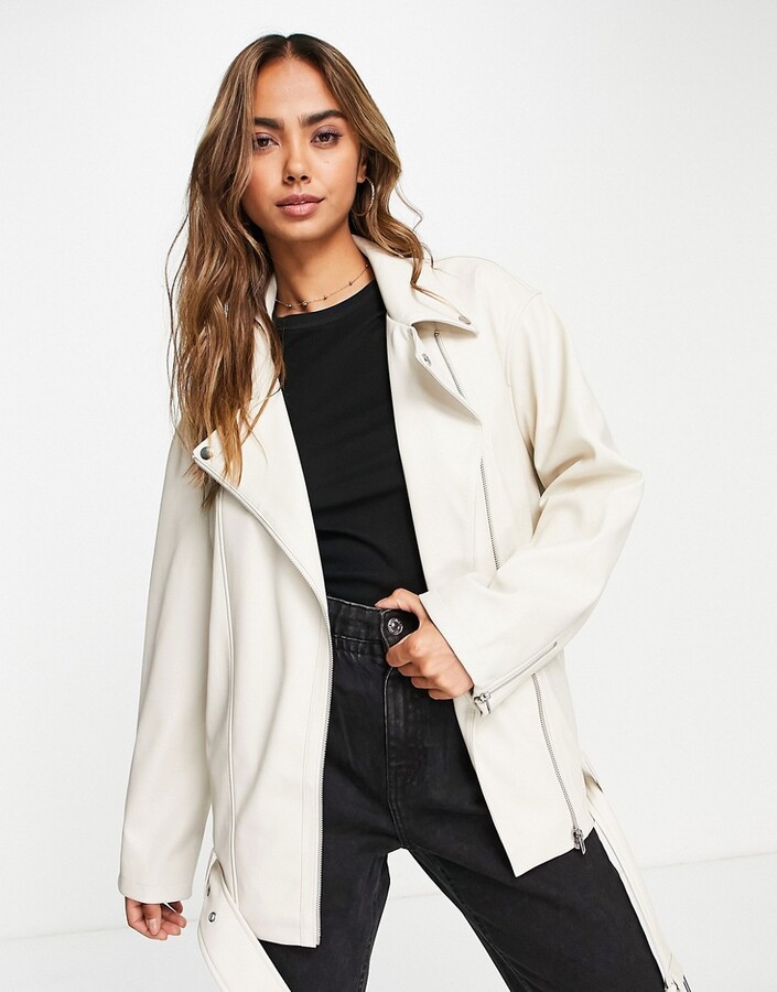 Missguided, Faux Leather Oversized Boyfriend Biker Jacket, Cream