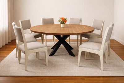 MOTI Furniture Logan 72" 9-Piece Dining Set With 8 Ash Dining Chairs In Silver Boucle Linen Fabric