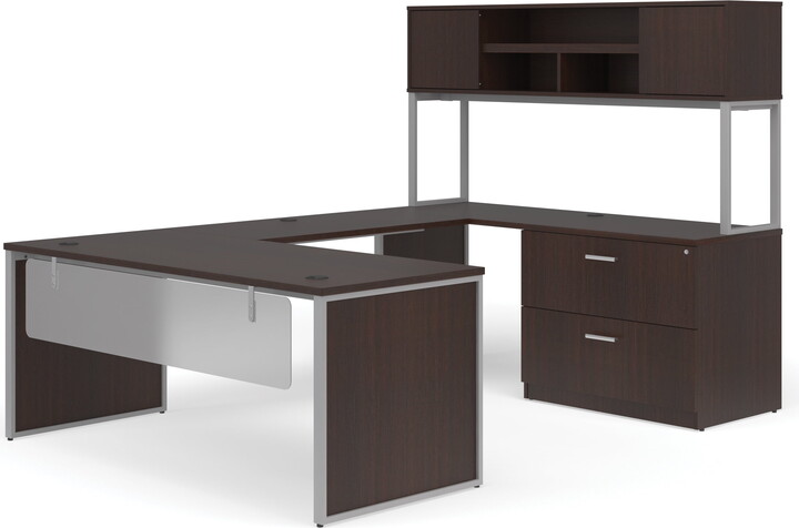OFM Fulcrum Series Office Furniture Set, 72" U-Shaped Desk with Bridge, Credenza, Lateral Filing Cabinet, 72" Hutch, Leg Panels, Modesty Panels, in Espresso