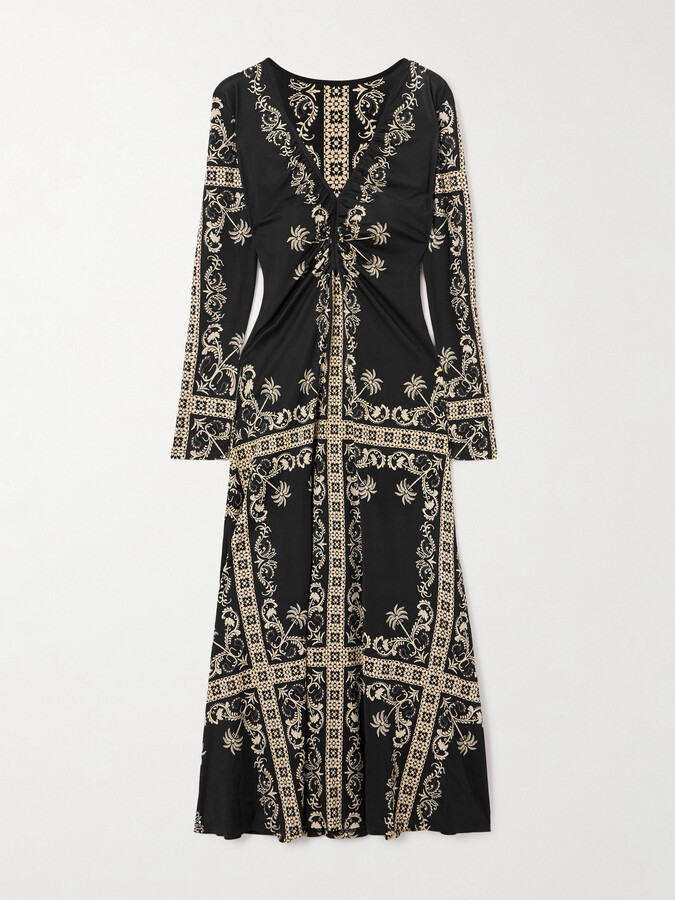Johanna Ortiz - Alma Bordada Gathered Printed Stretch-jersey Midi Dress - Black
