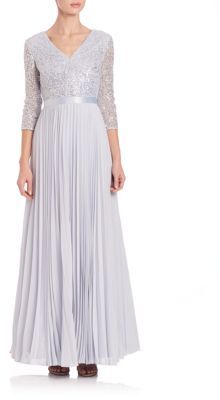 Kay Unger Sequin Lace Pleated Chiffon Gown