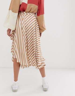 GHOSPELL exclusive midi wrap skirt with tie waist in stripe satin