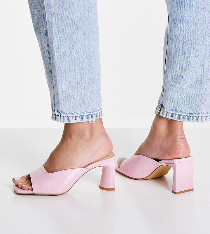 London Rebel Wide Fit square toe heeled mule sandals in pink - ShopStyle