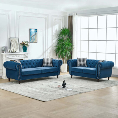 Latitude Run Chesterfield ?Velvet Upholstery Fabric Sofa With Roll Armrest & Nailhead,Upholstered Mid Century Modern Couch,3 Seater Couch For Living Room, Office,