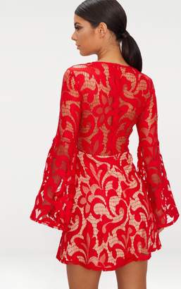 PrettyLittleThing Red Flare Sleeve Lace Skater Dress
