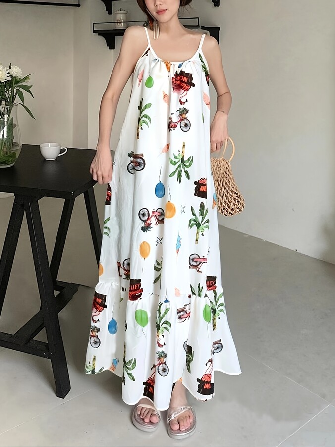 Women & apos;s Spaghetti Strap Tropical Bicycle, Balloon & Palm Print Maxi Dress, Tiered Ruffle Hem, Flowy Vacation