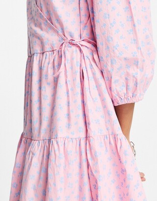 Selected cotton wrap mini dress with tiered skirt in pink floral