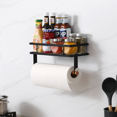 Kes Paper Towel Holder With Shelf Storage Wall Mount, Adhesive Paper Towel Holder With Spice Holder For Kitchen, Hanging Spice Rack, Matte Black