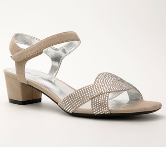 mayra champagne satin rhinestone ankle strap heels