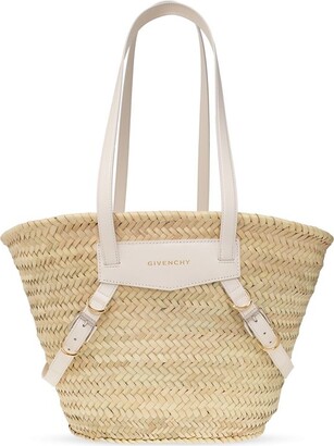 Two Tone Woven Stripe Straw Tote Bag with Leather Straps -  (782904)