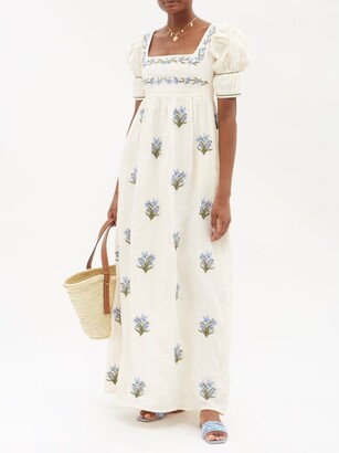 Agua by Agua Bendita Floral-embroidered Puff-sleeve Linen Maxi Dress - White Multi