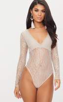 Thumbnail for your product : PrettyLittleThing Fuchsia Lace V Neck Long Sleeve Thong Bodysuit