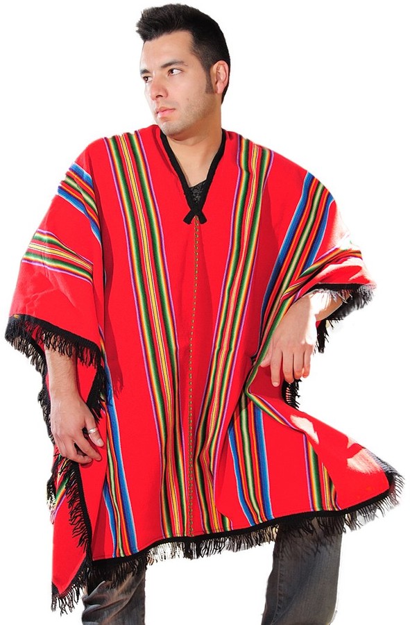Gamboa - Alpaca Poncho - Rustic Style - for Men - Red with Colourful ...