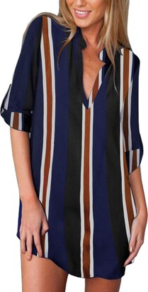 ZANZEA Women's Long Sleeve Shirt Strip V Neck Tunic Blouse Casual Loose  Sexy Tops Blue Stripe UK 14 - ShopStyle