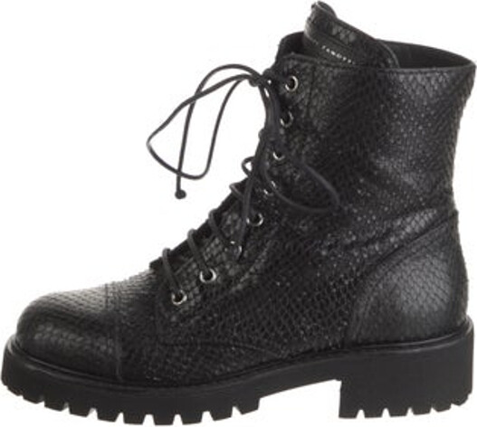 Giuseppe Zanotti Leather Mid-Calf Combat Boots Black Animal Print Round-Toes Lace-Up Closure at Uppers