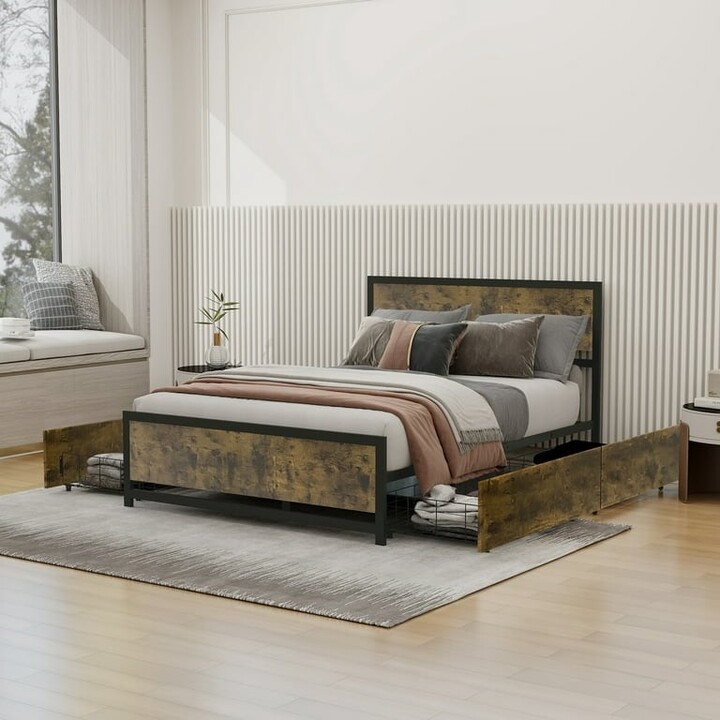 NNV Platform Bed Frame with 4 Drawers Storage, Rustic Vintage Wood, Metal Bed Frame, Large