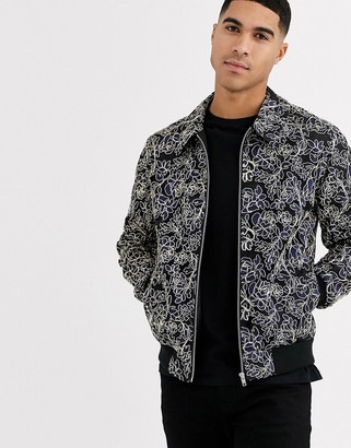ASOS DESIGN harrington jacket with gold floral embroidery