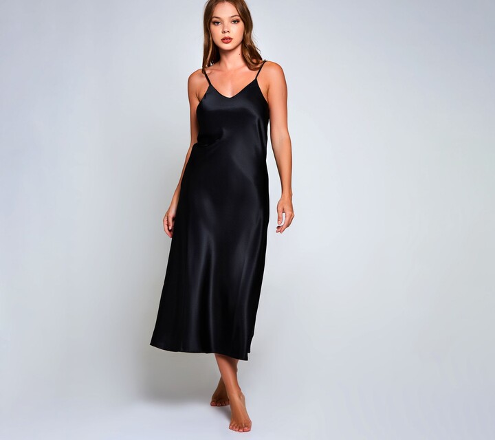iCollection Satin Glossy Midi Sleep Dress in Onyx Black