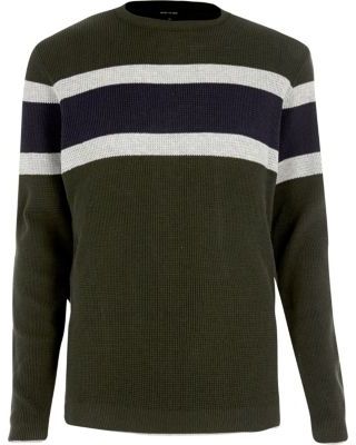 River Island Mens Dark green block stripe sweater