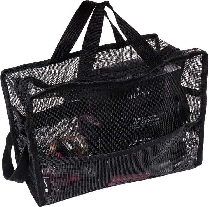 SHANY Cosmetics SHANY Collapsible Makeup Tools Travel Mesh Bag – Large See-Thru Travel Tote with Shoulder Straps – Water-Resistant with Zippered Pockets – Black