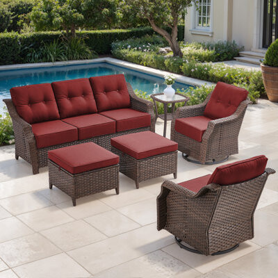 Lark Manor 6-Piece Wicker Patio Furniture Set, 6-Inch Ultra Thick Cushioned 360° Swivel Glider Chairs & Multifunctional Ottomans