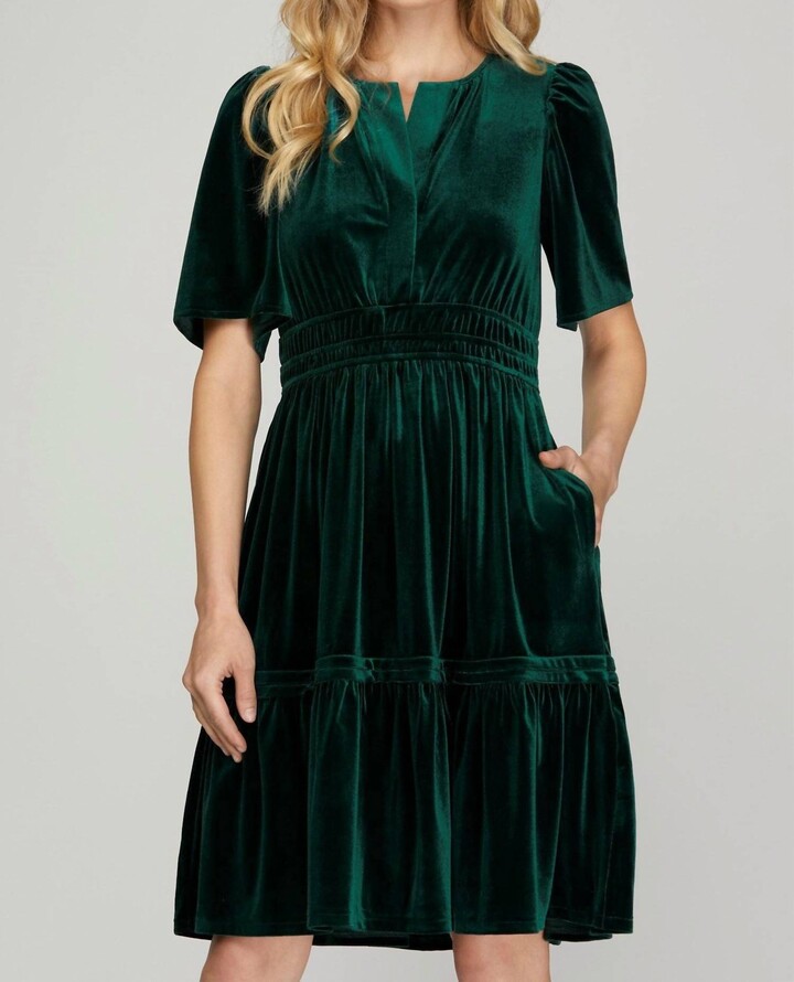 SHE + SKY Half Sleeve Velvet Dress With Elastic Waistband In Dark Green