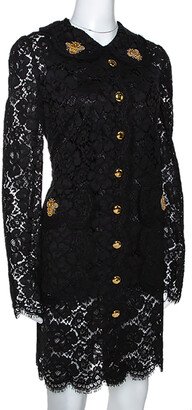 Dolce & Gabbana Black Floral Lace Bee Appliqued Shift Dress L