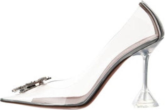 Amina Muaddi Begum Glass Slingback Pumps Clear PVC Calfskin Trim Pointed-Toes with Crystal Embellishments Includes Dust Bag