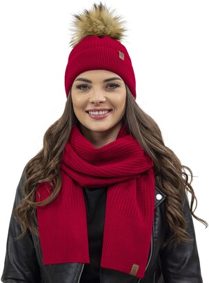 Vivisence Damen Winter Hat with Bobble and Scarf Set Warm and Cozy Headgear  for Winter and Autumn Warm Thick, Winter Set for Ladies, Made in The EU,  Beige