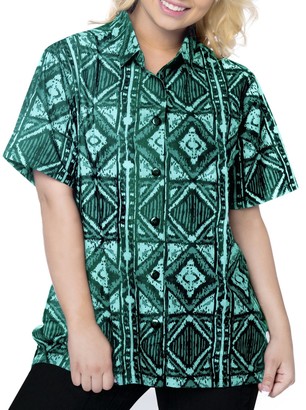 LA LEELA Women's Regular Classic Hawaiian Beach Shirt Geometric Print Short Sleeves Collared Summer Tops Green_X66 Large