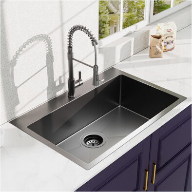 Excellent Future 33Inch Topmount 18Gauge Stainless Steel Kitchen Sink With Black Spring Neck Faucet