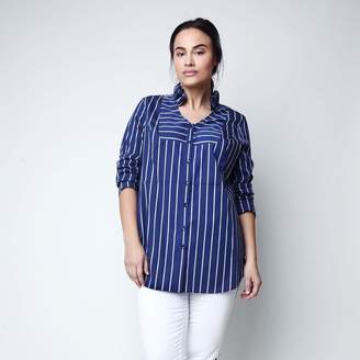 Shegul Madeline Ruffled Tuxedo Shirt in Navy Blue White Stripes Size 22