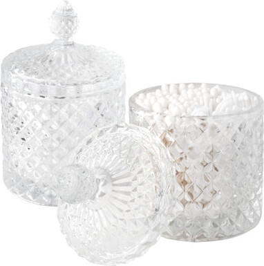 Mercer41 2 Pack Cotton Swab Holder Thick Glass Apothecary Jars With Lid For Bathroom Decor Storage Organizer For Cotton Swabs, Balls, Pads, Floss Picks, Candy,