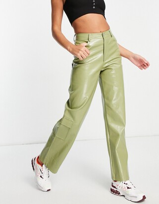Collusion 90s croc effect faux leather straight leg cargo trousers in sage  green - ShopStyle