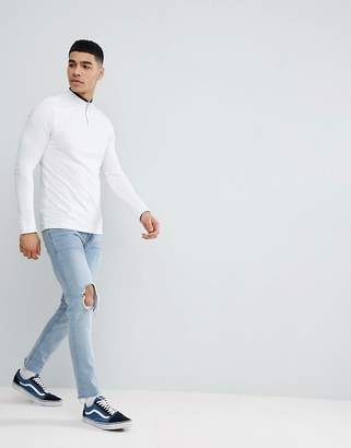 ASOS Design Muscle Fit Pique Long Sleeve T-Shirt With Zip Neck And Tipping In White