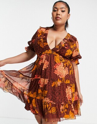ASOS Curve ASOS DESIGN Curve mini dress in floral and animal mix print with lace up back detail