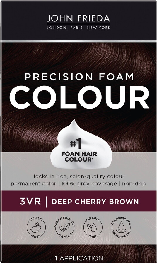 John Frieda Brown Permanent Precision Hair Color Foam Kit, 3VR Deep Cherry Brown Hair Dye, 1Ct