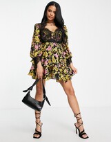 Thumbnail for your product : ASOS DESIGN soft mini skater dress in pink floral print with eyelash lace details