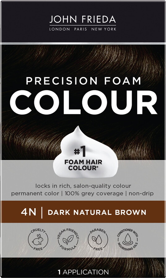 John Frieda Precision Foam Permanent Brown Hair Dye Color Kit, 4N Dark Natural Brown, 1 Application