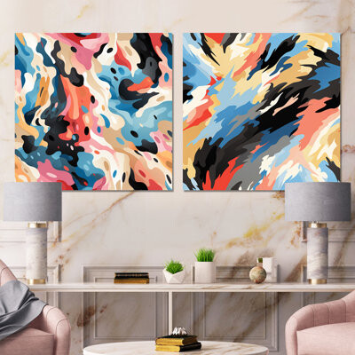 Design Art Tribal Adaptation Pink And Blue - Abstract Metal Wall Art Prints Square Set Of 2