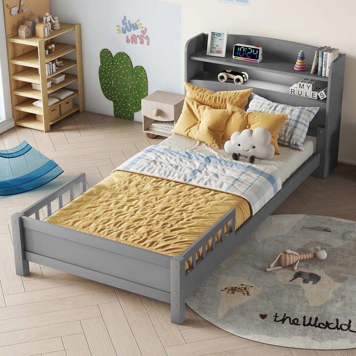 Miniyam Twin Bed with Bookcase Headboard, LED Motion Sensor Light for Kids and Teens, Gray