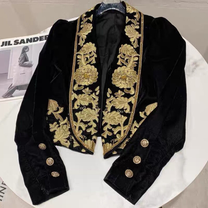 UHYTGF Retro Floral Embroidered Suits Jacket 2024 Autumn Winter New Turn Down Collar Black Velvet Blazer Coat Fashion Cardigan Tops