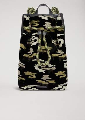 Emporio Armani Velvet And Grained Leather Backpack With Embroidered Camouflage Pattern