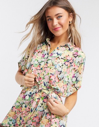 Monki Ninni floral print belted shirt dress in multi