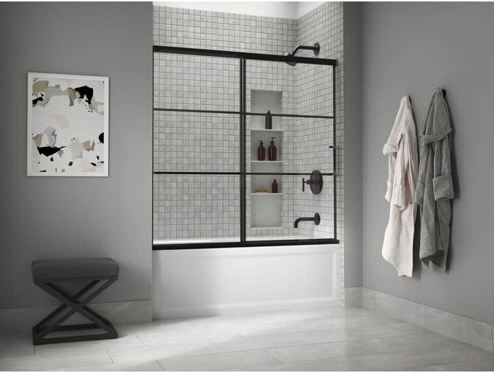 Elate 56-60 in. W x 57 in. H Sliding Frameless Tub Door in Matte Black with Crystal Clear Glass